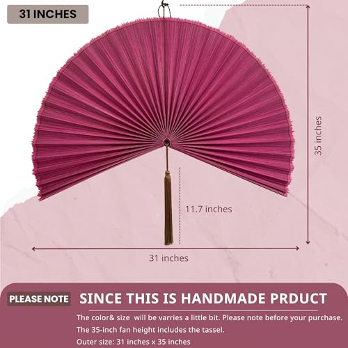 ChumDecor Fan Wall Decor,Large Bamboo Fan Wall Art for Boho Hanging Headboard,Decorative Folding Fan for Over Bed Decorations, (Pink, 31inch)
