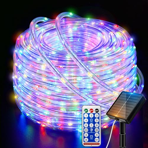 Ollny Solar Rope Lights Outdoor, 2 Pack Total 66FT 200 LED Multicolor String Lights with Remote, 8 Modes Waterproof Timer Tube Light for Tree Holiday Party Wedding Decor