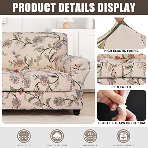 SearchI Stretch Sofa Cover Printed Couch Cover, Floral Pattern 3 Pieces Loveseat Slipcover with 2 Separate Cushion Cover, Washable Furniture Protector for Living Room(Loveseat, Yellow+Flower)