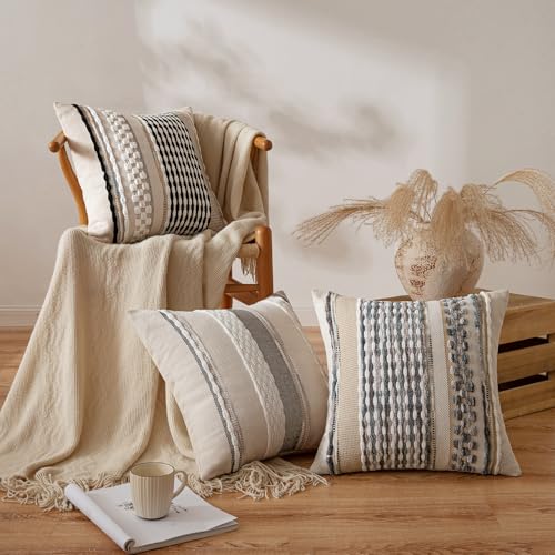 Boho Decorative Pillow Covers Gray Blue Stripe 20x20 Inch Pack of 2