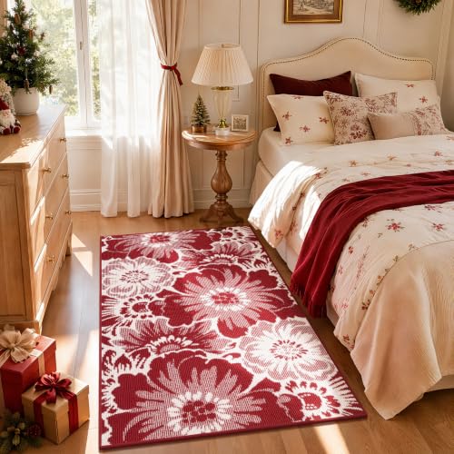 Findosom Christmas Area Rug 3x5, High-Low Textured Floral Entryway Rug Red