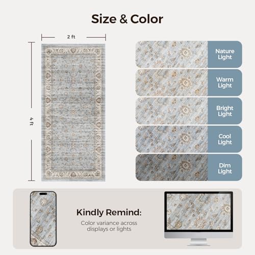 Runner Rug 2x4 Vintage Floral Small Rugs Door Mat, Gray/Light Blue