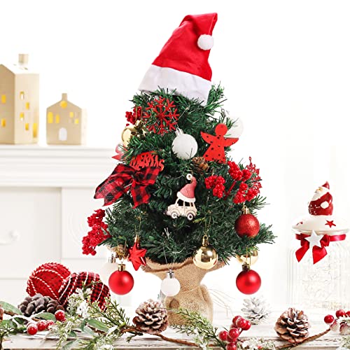BSTCRAFT Mini Christmas Tree, 22 inches, Green, Artificial Tree with Lights, Santa Christmas Hat, Mini Christmas Ornaments for Tabletop Decorations