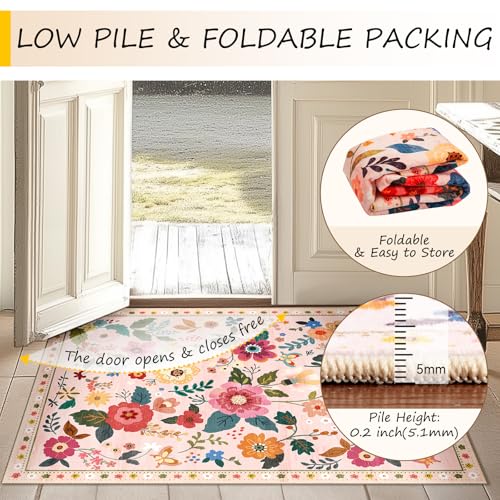 RELEANY Floral Washable 4x6 Area Rugs Pink