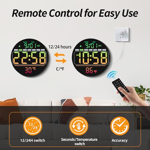 Maxstar Led Digital Wall Clock with Timer, Seconds, Temperature, Date, DST, Nightlight, RGB Color, Alarm Clock, 5-Level Display Brightness, Digital Clock Timer for Classroom, Bedroom, Garage, Gym