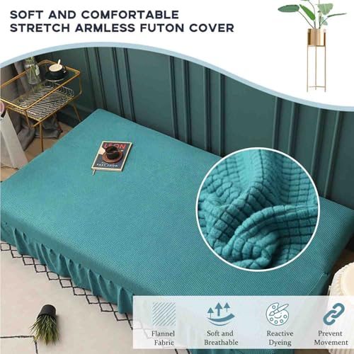Stretch Armless Futon Cover, Sofa Slipcover Foldable Sofa Bed Cover Furniture Protector with Elastic Bottom, Washable, Polyester Spandex Jacquard Fabric Small Checks (Light Green, Small(47"-59"))