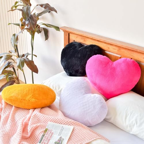 XVTRU Hot Pink Heart Pillows, Cute Heart Decorative Pillow, Heart Shaped Throw Pillows for Bed, Faux Rabbit Fur Plush Hoom Decor Pillow Cushion for Chair Sofa Living Room (Mini 12.9" x 9.8")