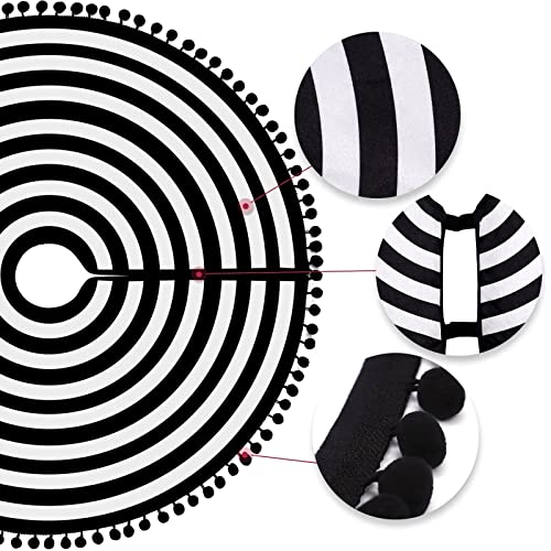 MACTING Christmas Black and White Tree Skirt, 30 Inch Annual Rings Tree Mat with Pom Poms for Xmas Tree Halloween Indoor Home Holiday Party Christmas Decorations