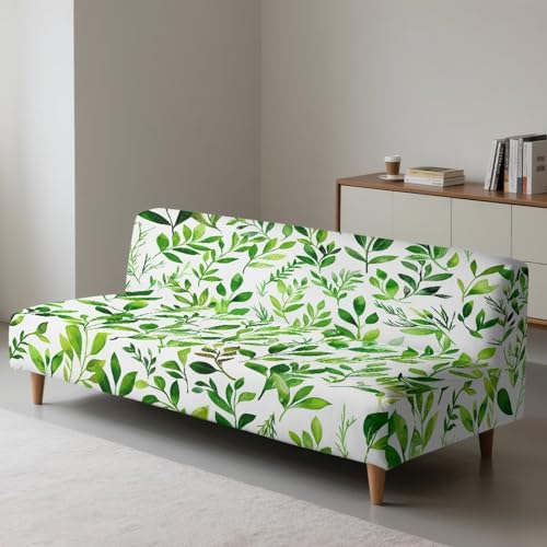 GLENLCWE Green Watercolor Leaves Armless Futon Cover Elastic Bottom Non-Armrest Couch Slipcover Washable Foldable Furniture Protector Fresh Natural Leaf Pattern for Living Room Loveseats