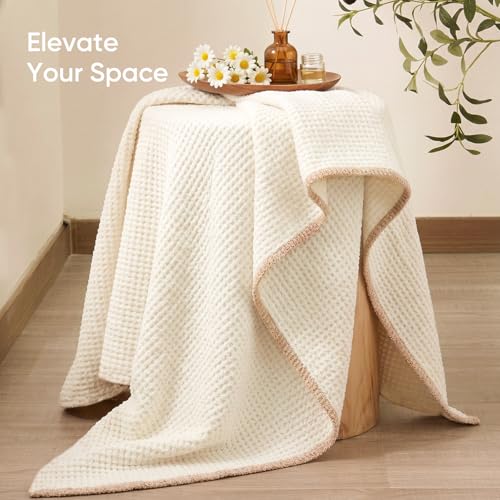 Snuggle Sac Ultra Soft Waffle Throw Blanket for Couch Bed Sofa 50x60 inches, Reversible Cream Blanket Microfiber Fluffy Fuzzy Cozy Knit Throws for Women Mothers Birthday Gifts