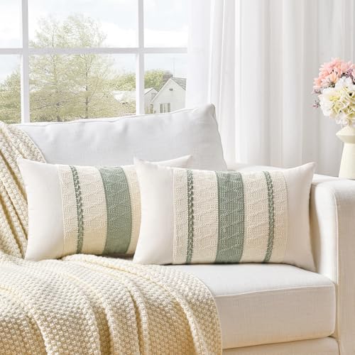 Fancy Homi Set of 1 Sage Green Boho Lumbar Decorative Throw Pillow Covers 12x20 Inch for Living Room Bedroom Couch Bed Chair, Rustic Retro Cushion Case, Bohemian Room Home Decor