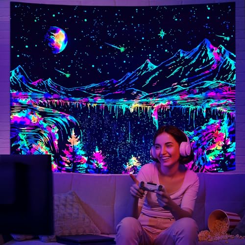 Zussun Blacklight Mountain Tapestry Starry Night Tapestries for Bedroom Aesthetic Moon and Stars Tapastry Wall Hanging Glow in The Dark Nature Forest Wall Tapestry for Living Room Dorm (48'' × 36'')