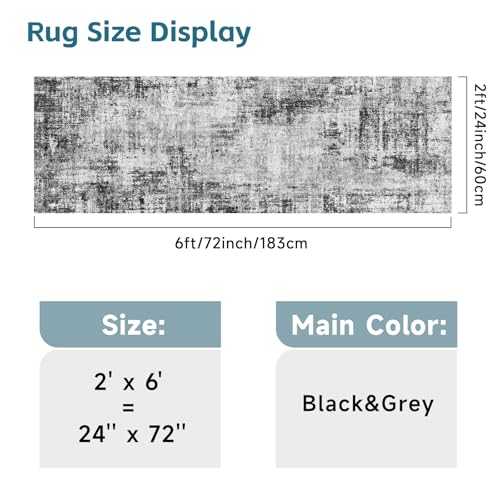 2x6 Washable Kitchen Runner Rug: Abstract Non Slip Throw Door Mat Black