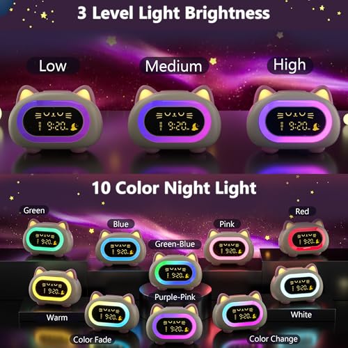 ANALOI Alarm Clock for Kids, Kids Alarm Clocks for Girls with Sleep Training Dual Alarm Eye Protection Auto Off Timer 10 Color Night Light, Cat Ok to Wake Clock, Gifts for Kids Girls