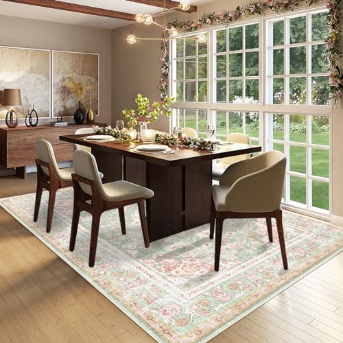 Vhong Washable Area Rugs Boho Vintage Modern Neutral Large Carpet Green and Pink High Traffic Rugs 5×7 for Dinning Room Living Room Bedroom Farmhouse Non Slip