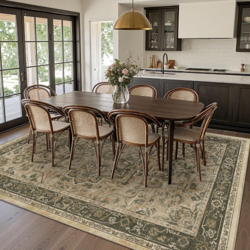 Vintage Distressed 8x10 Rugs for Living Room Bedroom, Washable Non Slip Dining Room Rugs for Under Table, Low Pile Thin Soft Carpet Moody Medallion Pattern Printed, Multi Brown/Olive Green