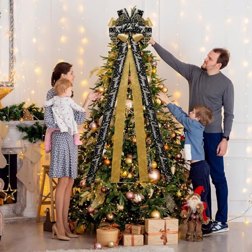 Christmas Tree Topper Bow,48''x 13'' Large Glitter Satin Christmas Wreath Bows Xmas Ornaments with Long Streamer Wired Edge Ribbon for Farmhouse Christmas Decoration (Black and Gold)