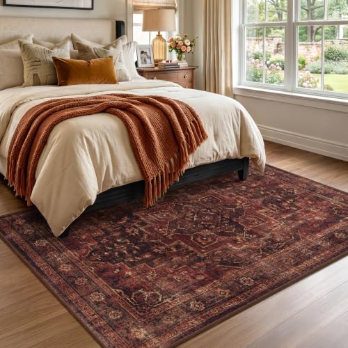 Washable Area Rug 5'x7' Living Room, Vintage Medallion, Dark Red