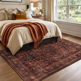 Washable Area Rug 5'x7' Living Room, Vintage Medallion, Dark Red