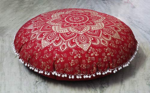 CRAFT KALA 32" in Round Mandala Boho Pillow Cover Meditation India Seating Poufs Cover for Room Yoga Room Home Décor Bedroom Balcony Garden Party Decoration Cotton Floor Cushion Cover,Red Gold Flower