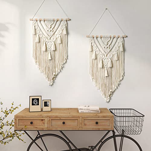 Dremisland Macrame Woven Wall Hanging Boho Geometric Woven Tapestry Beige & Grey Cotton Handmade Bohemian Art Decor with Tassel Craft Ornament for Bedroom Living Room Apartment Nursery (Beige-)