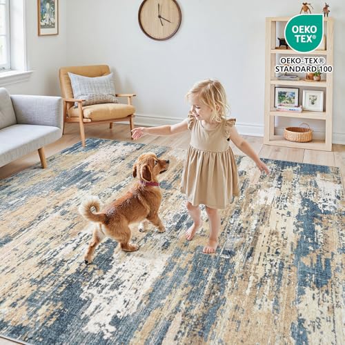 10x14 Area Rugs for Living Room Large Washable Abstract Rug Brown/Blue