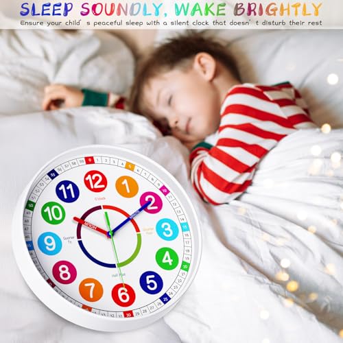 Kids Wall Clock - Non-Ticking, Battery-Operated Time Teaching Clock for Kids, Ideal for Children’s Bedrooms, Playrooms, and Stylish Home Décor – White, 12 Inch