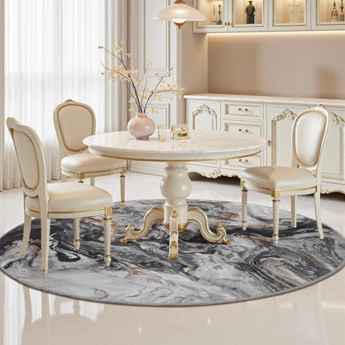 PADOOR 6' Round Abstract Area Rug, Washable Non-Slip Low Pile, Marble Black