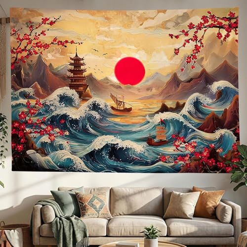 Retro Japanese Tapestry,Vintage Sun Mountain Aesthetic Landscape Tapestry Wall Hanging, Japanese Ocean Wave Sunset Landscape Wall Art, Cherry Blossom Tapestries for Bedroom Living Room 60"x 40"