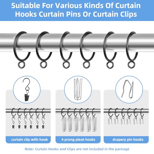 Curtain Rings with Eyelets, 48 Pack Metal Drapery Rings for Pinch Pleat Curtains Panels, Drape Rings Fits Up to 1.2 in Curtains Rod, 1.5 Inch I D Black