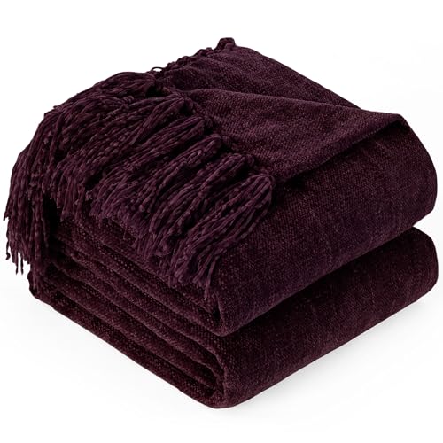 Chenille Throw Blanket for Couch with Tassels,50"X60" Soft Cozy Lightweight Knitted Boho Decorative Blankets for Bed and Sofa,Aubergine