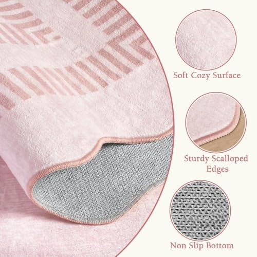 Washable 5ft Area Rugs for Living Room, Solid Pink Non Slip Rugs for Bedroom Girls, Stain Resistant Scalloped Soft Carpet for Nursery Dorm Dining Room