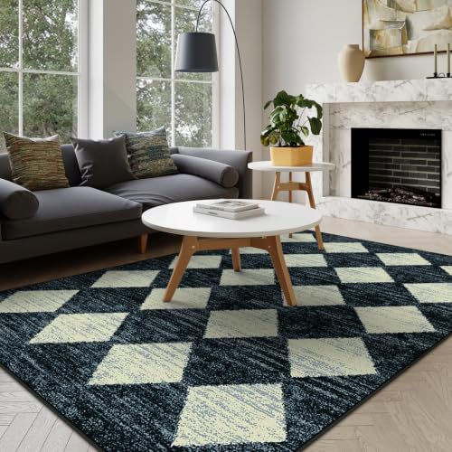 Lahome 5x7 Black Rug Checkered Non Slip Living Room Large Washable Area Rug