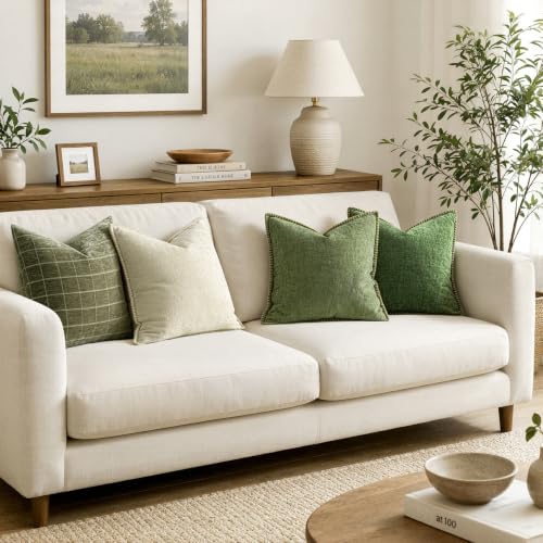 MIULEE Pack of 2 Couch Throw Pillow Covers 18x18 Inch Sage Green Farmhouse Decorative Pillow Covers with Stitched Edge Soft Chenille Solid Dyed Summer Pillow Covers for Sofa Bed Living Room