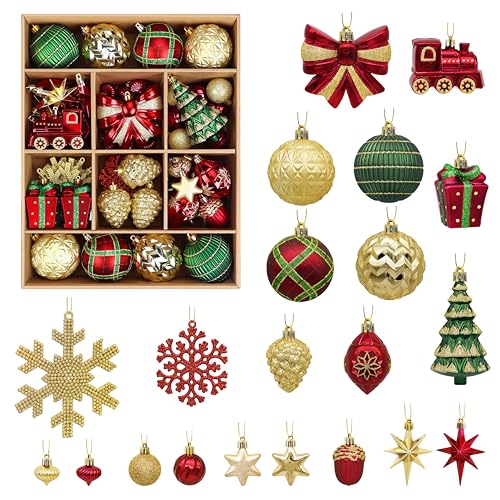 Alupssuc 82pcs Christmas Balls Ornaments Set, Delightful Classic Gift Set, Shatterproof Plastic Decor for Xmas Tree Holiday Wedding Party Decorations with Hanging Strings, Gold, Red and Green