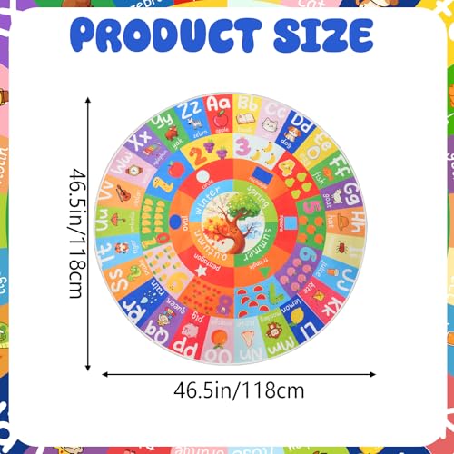 ABC Round Kids Rug for Playroom, 4ft Educational Kids Rug with Number Shape Animal Season, Non-Slip Alphabet Small Classroom Rugs, Learning Area Rugs Washable for Classroom Playroom Nursery Bedroom