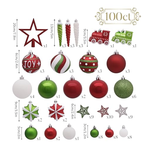 Valery Madelyn Christmas Ornaments Set, 100ct Red Green White Shatterproof Christmas Tree Decorations Variety Ball Ornaments Bulk, Whimsical Hanging Ornaments for Xmas Trees Holiday Party Decor