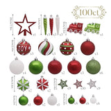 Valery Madelyn Christmas Ornaments Set, 100ct Red Green White Shatterproof Christmas Tree Decorations Variety Ball Ornaments Bulk, Whimsical Hanging Ornaments for Xmas Trees Holiday Party Decor