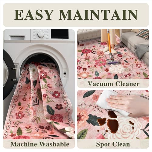8x10 Washable Area Rug for Living Room, Floral Non-Slip Non-Shedding & Easy Care, Large Soft Low Pile Indoor Floor Carpet for Living Room, Bedroom, Farmhouse, Dining Room, Kids Playroom, Pink
