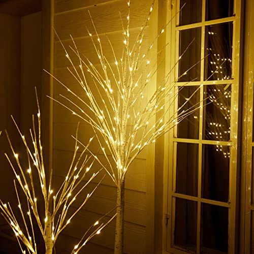 HOLILLUMA Outdoor Christmas Decoration LED Lighted Birch Trees 3 Packs | Christmas Trees with Burlap Decor, Warm White LED Lights, Power Supply by Adapter, Waterproof ,Home Decor(4FT&5FT&6FT)