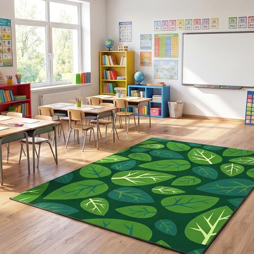 Frienda 13 x7.5 ft Large Classroom Rug for Back to School Decor Green Leaves Rug Non Slip Carpet Soft Nylon Learning Rugs for Reading Corner Circle Time School Classroom Decor