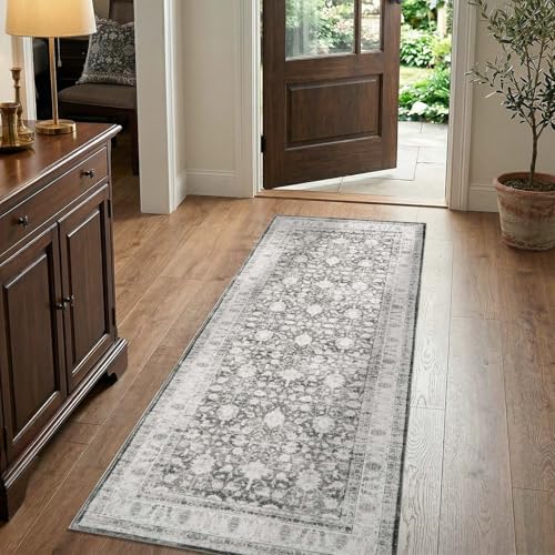 jinchan 2x5 Vintage Floral Runner Rug, Washable Non Slip, Grey