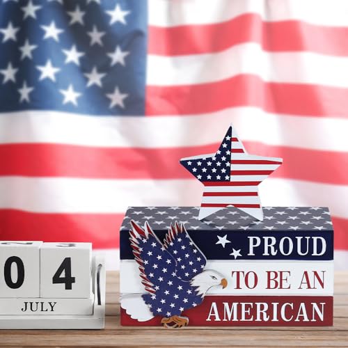 DECSPAS 4th of July Decorations, Memorial Day Decorations, Wooden Stacked Books Sign with Stars, Patriotic Independence Day American Eagle Decor for The Home, Fourth of July, Tiered Tray Table Mantel