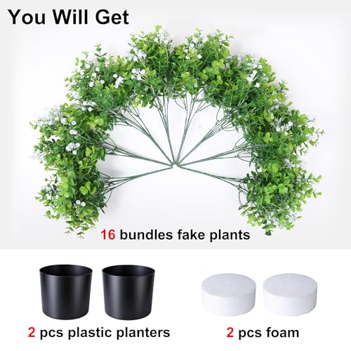 Fake Plants Artificial Flowers for Outdoors Decor, 2 Pack Fake Potted Plants Baby Breath With Green Eucalyptus Look Real UV Resistant Artificial Greenery with Pot for Outside Porch Garden Patio Yard