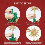 JOIEDOMI 7.8" Metal 3D Star Christmas Tree Topper Golden Glitter Decorations with 56 LED Warm White with Plug Timer Ornaments Treetop Home Holiday Party Indoor Decor