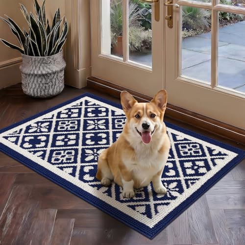Indoor Door Mat 2x3ft, Absorbent Muddy Mats for Dogs, Low-Profile Entrance Welcome Mat with Non-Slip Rubber Backing, Washable Runner Carpet for Hallway,Entryway,Kitchen(Navy)