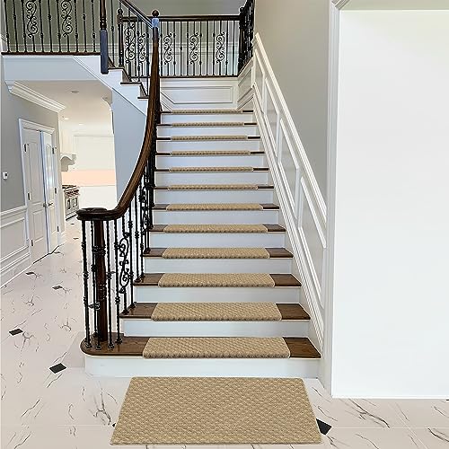 PURE ERA Bullnose Carpet Stair Treads Set Tape Free Non-Slip Indoor Stair Protectors Pet Friendly Rugs 9.5" x 30"(14 Pieces,Khaki Mini-Diamond Trellis)