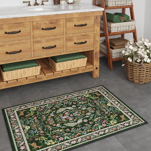 Rugcomf Door Mat 2x3 Small Area Rug Floral Washable Non Slip, Emerald Green
