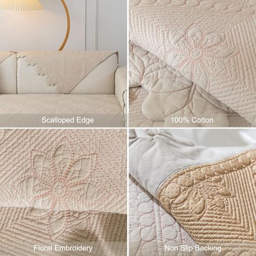 Cotton Quilted Dog Couch Cover for Sofa Farmhouse Rustic Embroidery Sectional Couch Cover Soft Anti-Slip Sofa Slipcover Furniture Protector for Kids, Pets (Khaki,28"x28")
