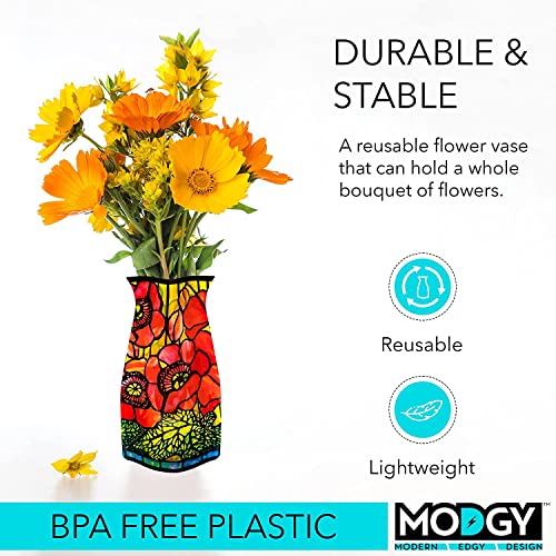 MODGY Collapsible and Expandable Plastic Flower Vase, Unbreakable, Foldable, Decorative Modern Centerpieces, Table Decorations, Louis C. Tiffany Poppies, 1 Pack